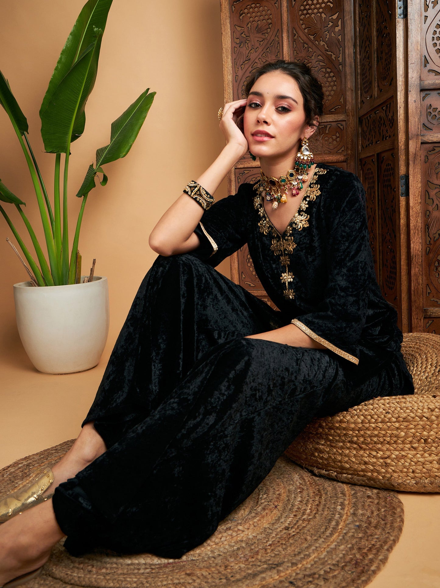 Black Velvet Embroidered Short Kurta With Palazzos-Shae by SASSAFRAS