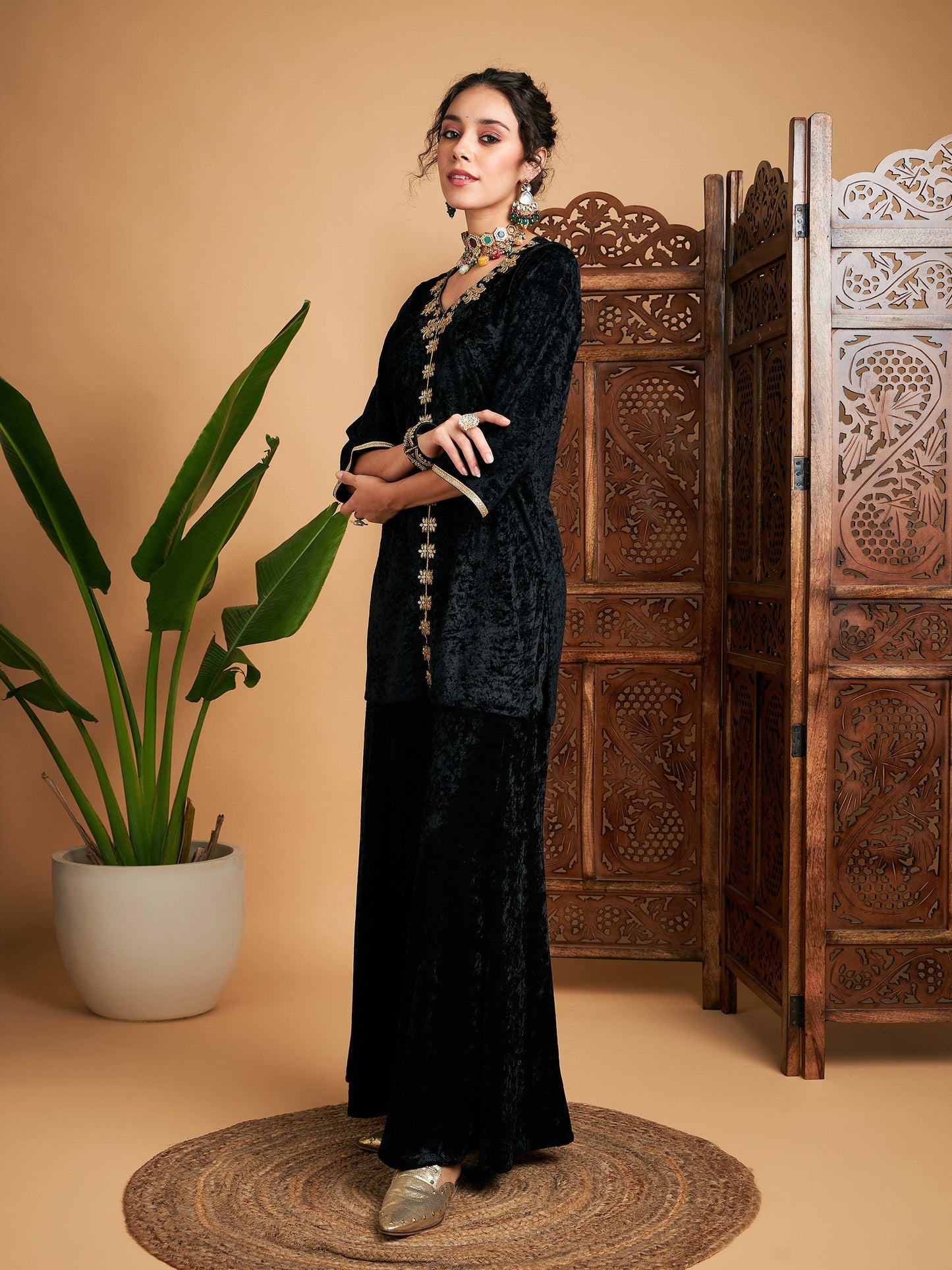 Black Velvet Embroidered Short Kurta With Palazzos-Shae by SASSAFRAS