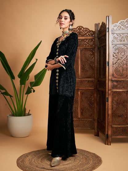 Black Velvet Embroidered Short Kurta With Palazzos-Shae by SASSAFRAS