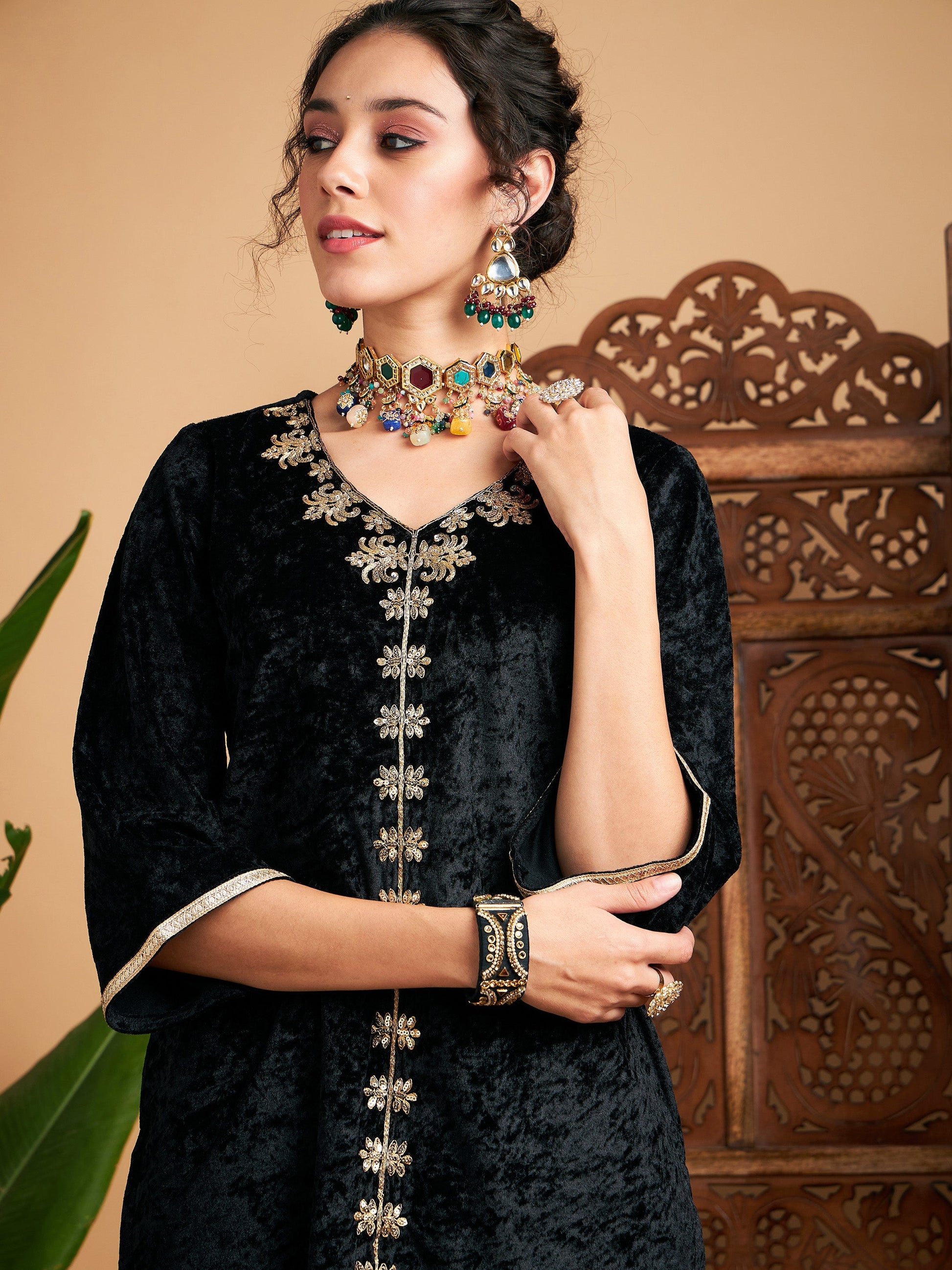 Black Velvet Embroidered Short Kurta With Palazzos-Shae by SASSAFRAS