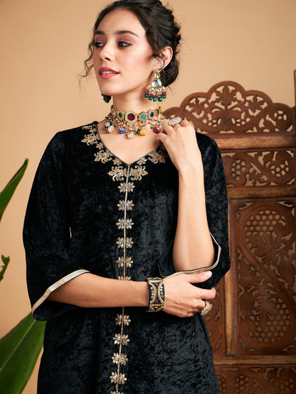 Black Velvet Embroidered Short Kurta With Palazzos-Shae by SASSAFRAS