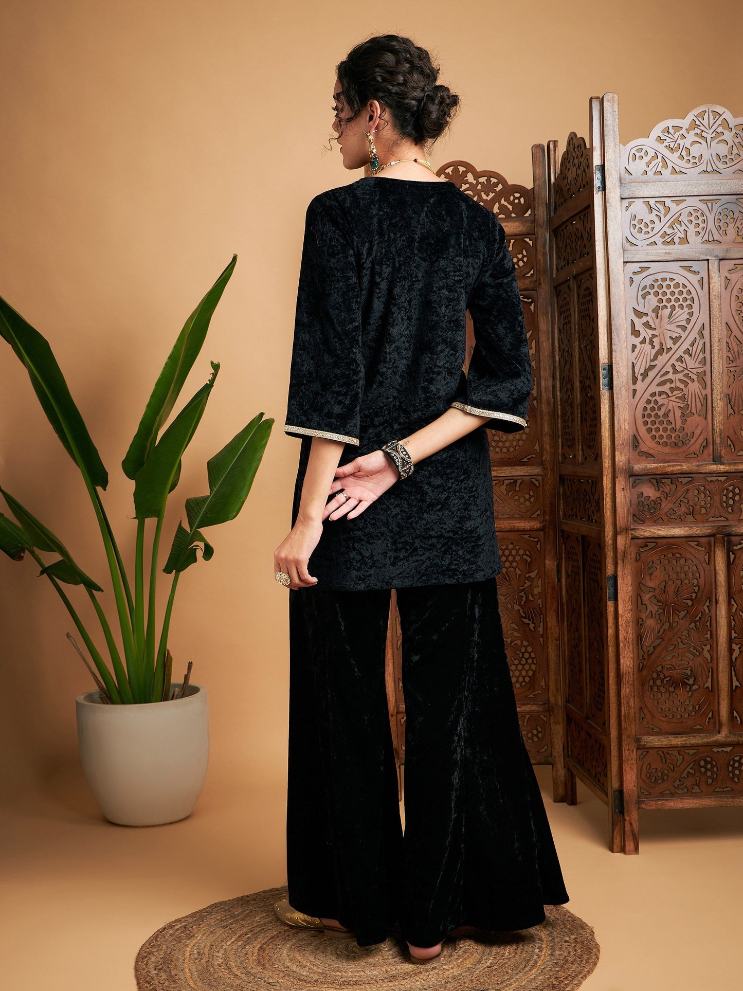 Black Velvet Embroidered Short Kurta With Palazzos-Shae by SASSAFRAS