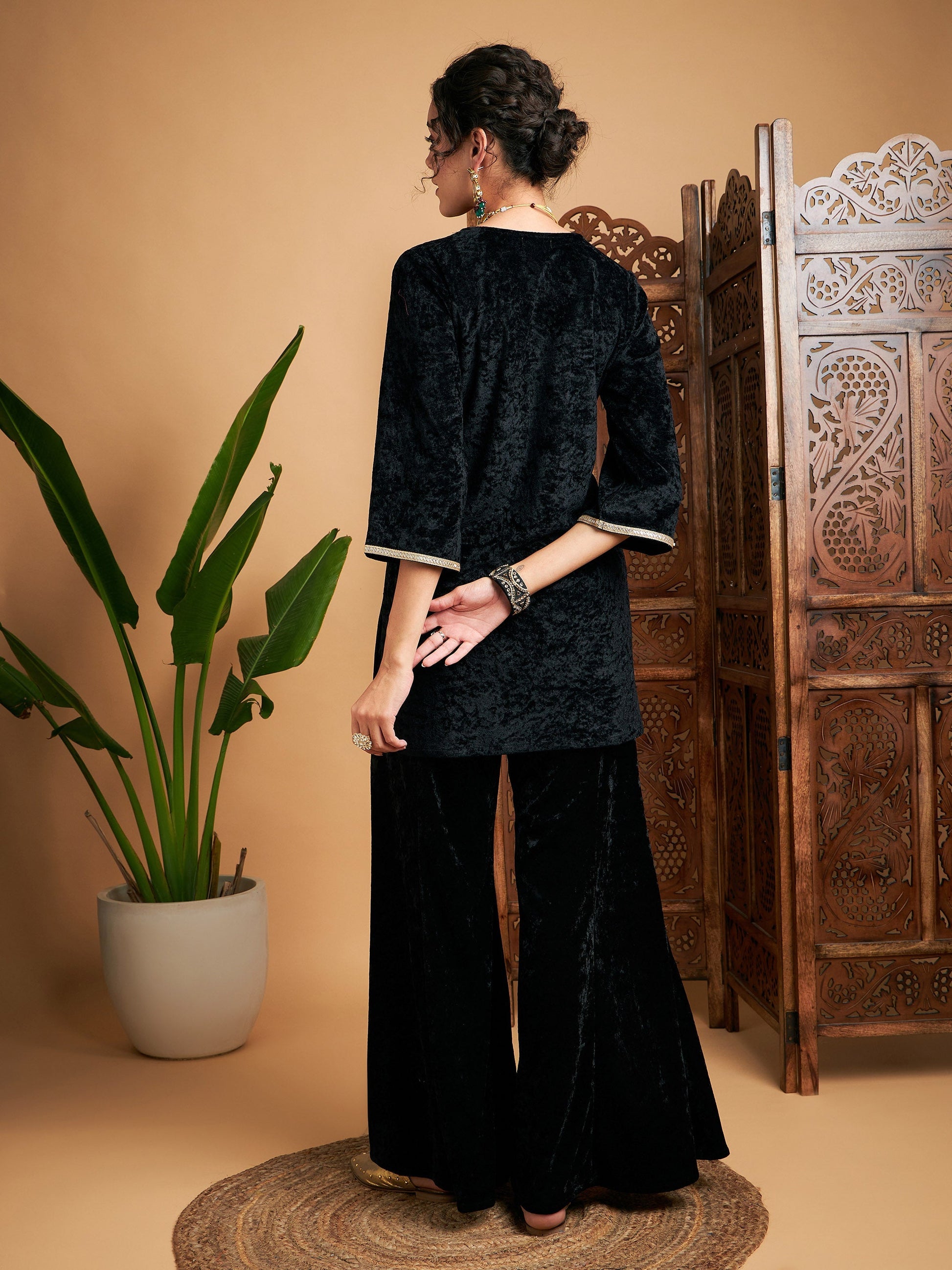 Black Velvet Embroidered Short Kurta With Palazzos-Shae by SASSAFRAS