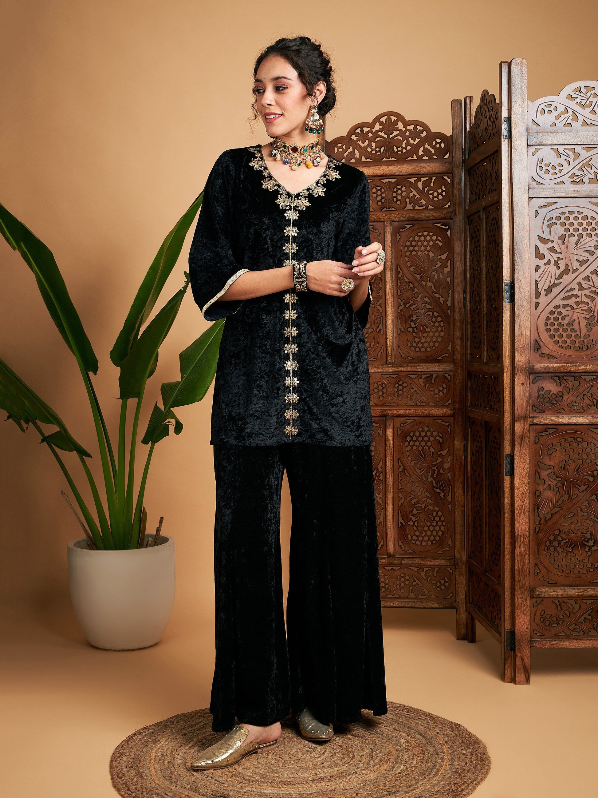 Black Velvet Embroidered Short Kurta With Palazzos-Shae by SASSAFRAS