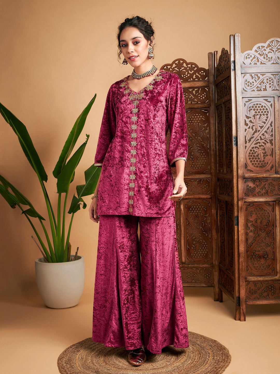 Women's Women Pink Velvet Embroidered Short Kurta With Palazzos in Velvet by Shae for wholesale, bulk, supplier, manufacturer and wholesaler buyers from Trendphoria