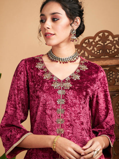 Pink Velvet Embroidered Short Kurta With Palazzos-Shae by SASSAFRAS