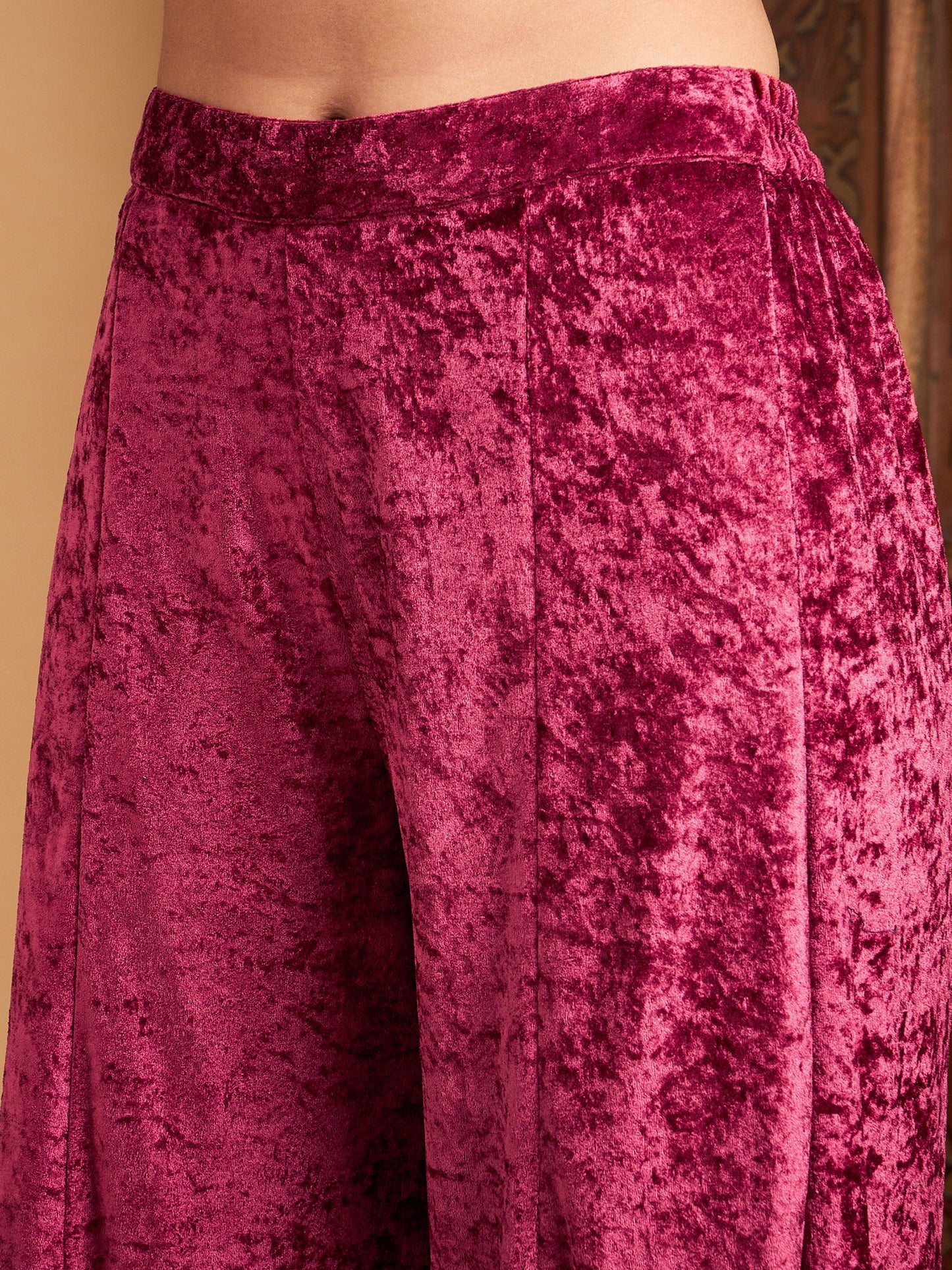 Pink Velvet Embroidered Short Kurta With Palazzos-Shae by SASSAFRAS