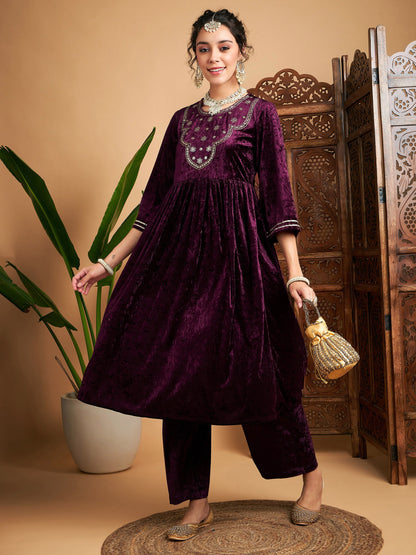 Purple Velvet Embroidered Gathered Kurta With Pants