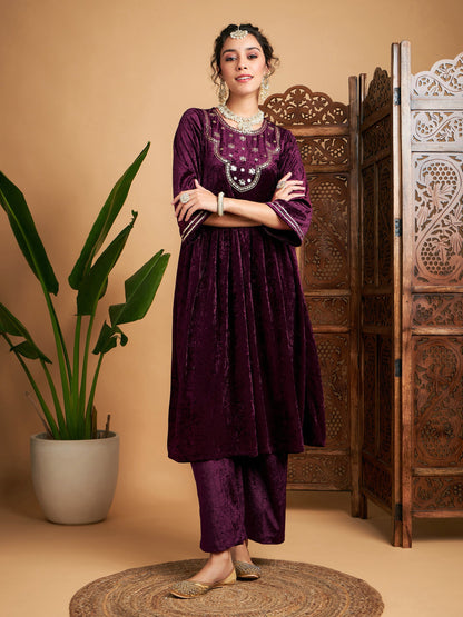 Purple Velvet Embroidered Gathered Kurta With Pants