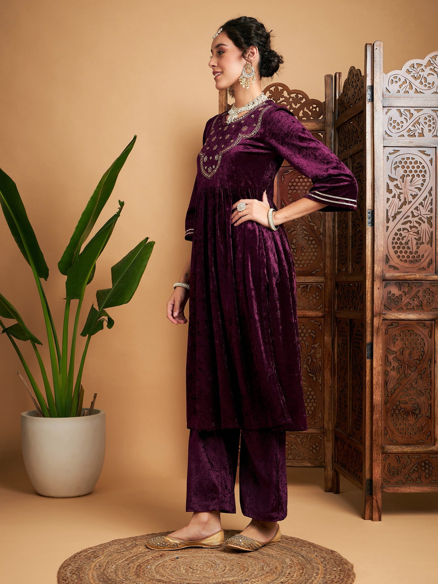 Purple Velvet Embroidered Gathered Kurta With Pants