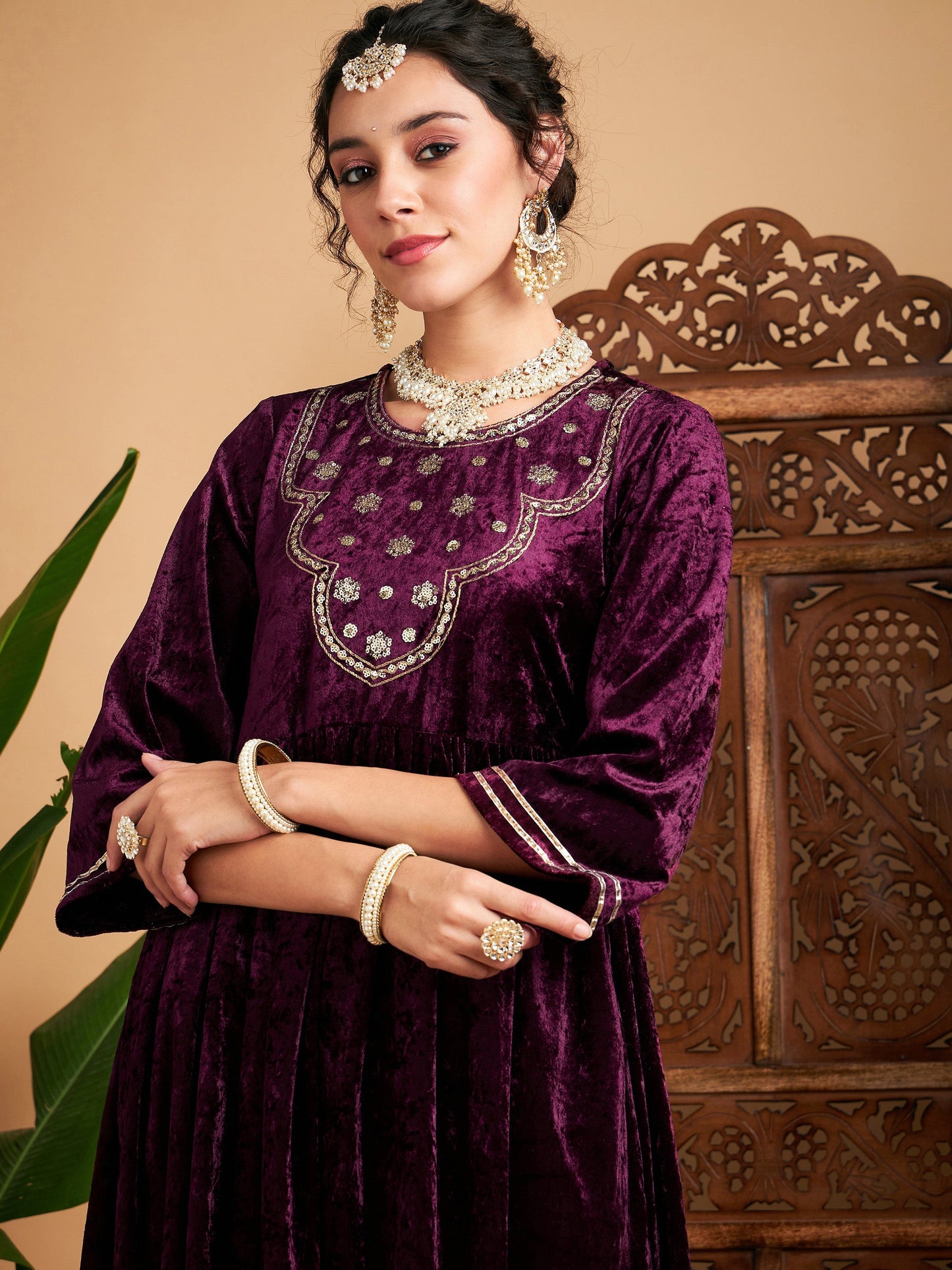 Purple Velvet Embroidered Gathered Kurta With Pants