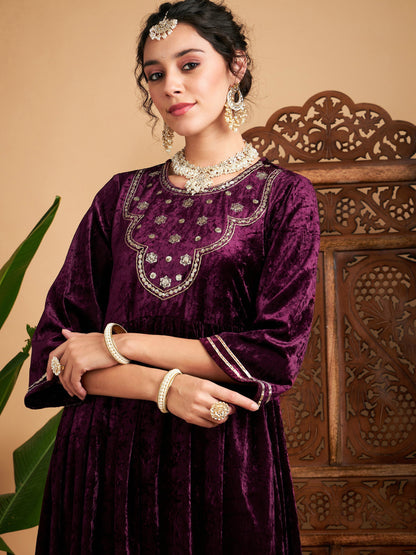 Purple Velvet Embroidered Gathered Kurta With Pants