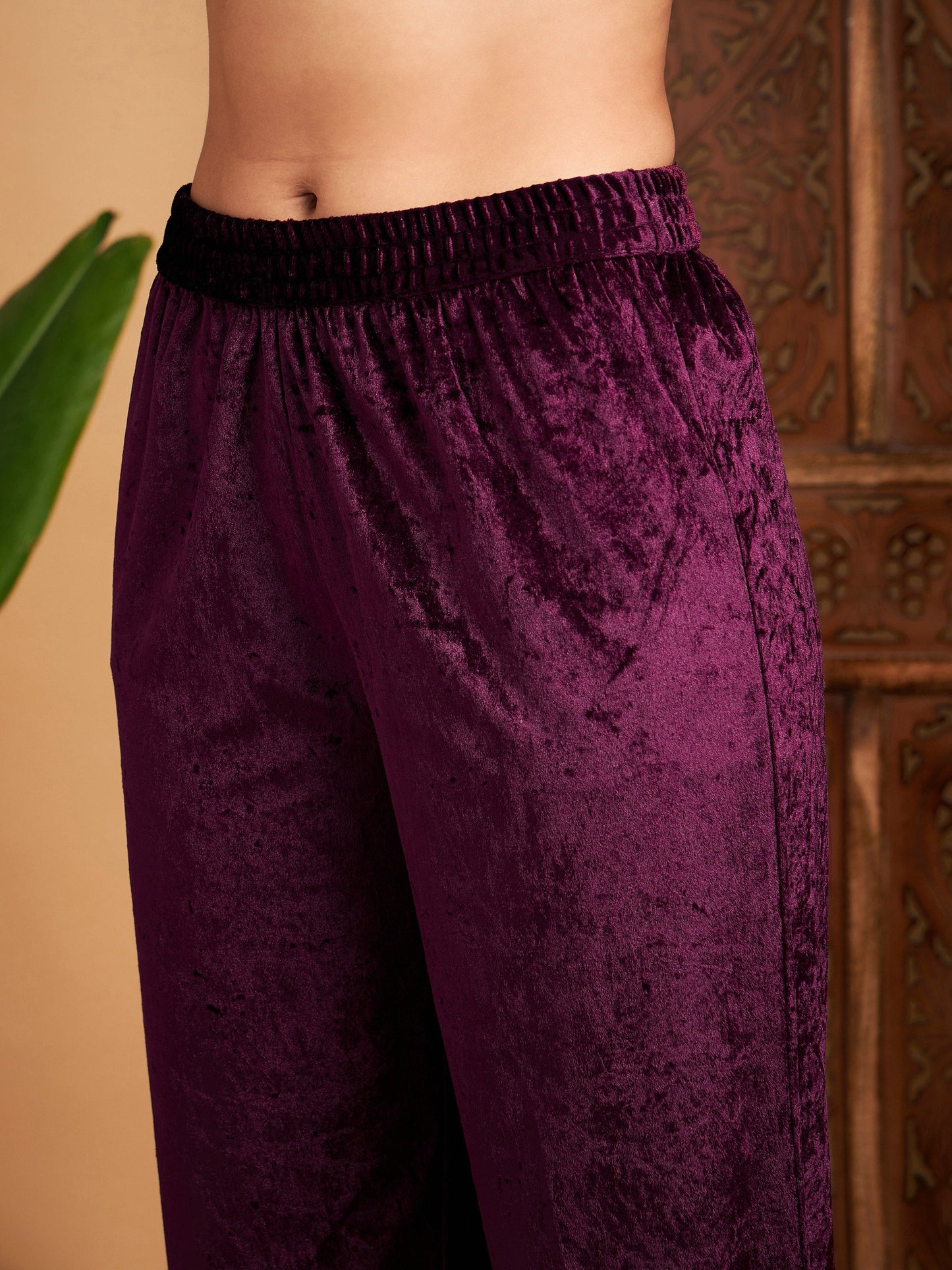 Purple Velvet Embroidered Gathered Kurta With Pants