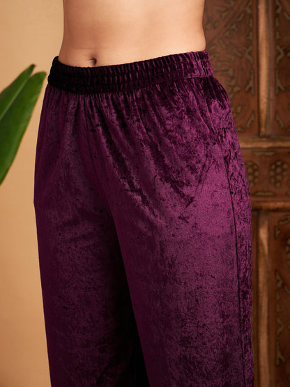 Purple Velvet Embroidered Gathered Kurta With Pants