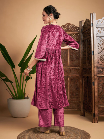 Women Pink Velvet Embroidered Gathered Kurta With Pants