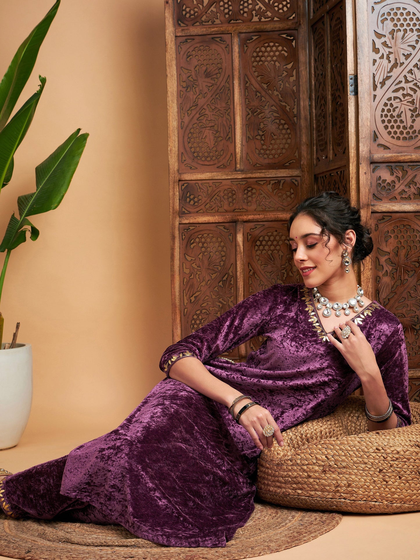 Mauve Velvet Gota Patti Embroidered Kurta With Pants
