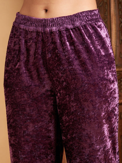 Mauve Velvet Gota Patti Embroidered Kurta With Pants