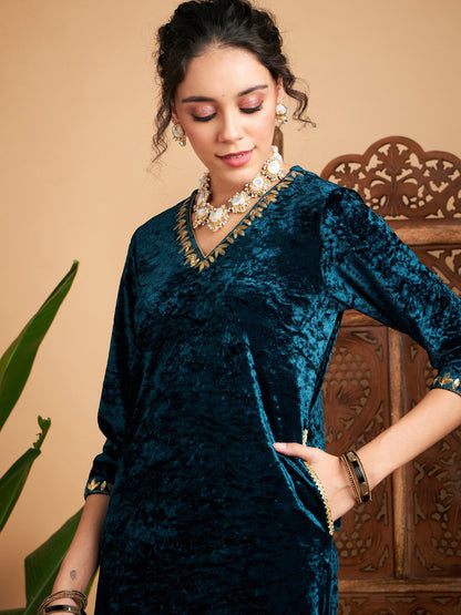 Teal Velvet Gota Patti Embroidered Kurta With Pants