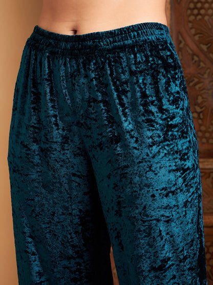 Teal Velvet Gota Patti Embroidered Kurta With Pants