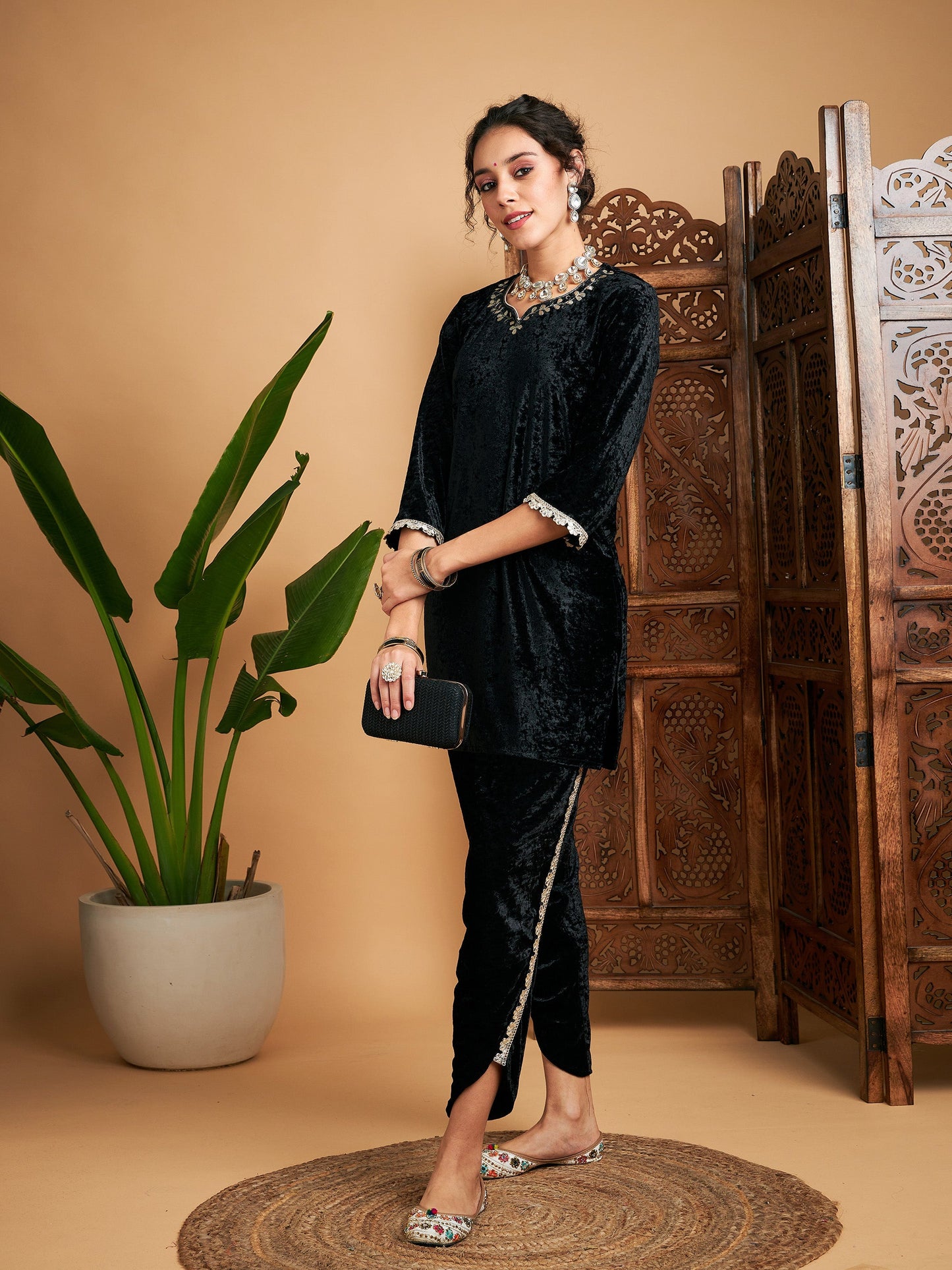 Black Velvet Gota Patti Embroidered Short Kurta With Dhoti Pants