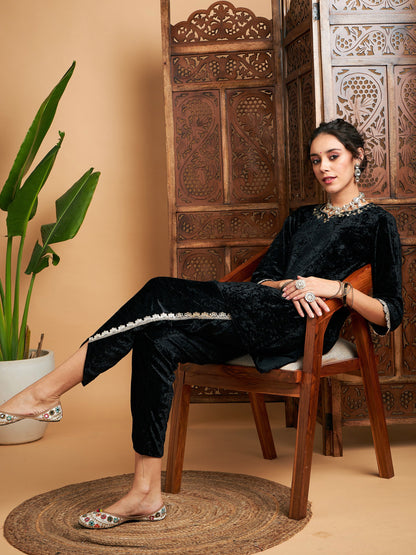 Black Velvet Gota Patti Embroidered Short Kurta With Dhoti Pants