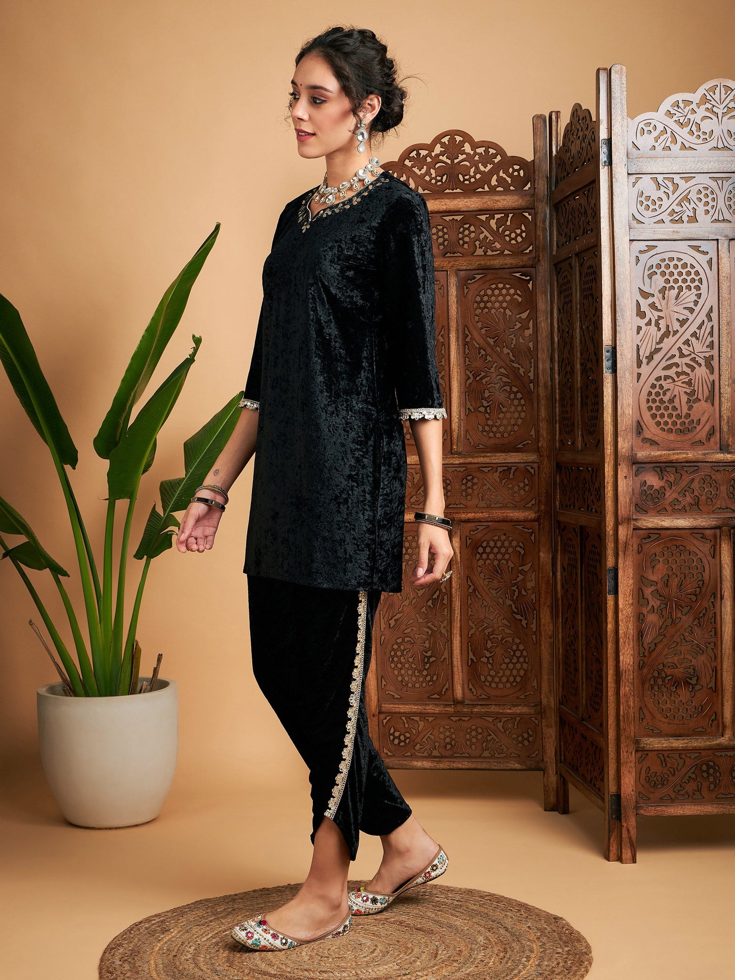 Black Velvet Gota Patti Embroidered Short Kurta With Dhoti Pants