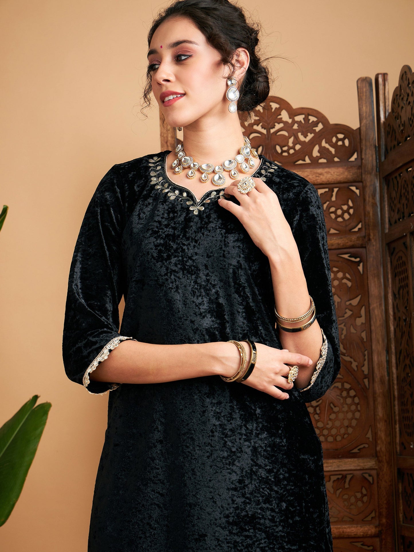 Black Velvet Gota Patti Embroidered Short Kurta With Dhoti Pants