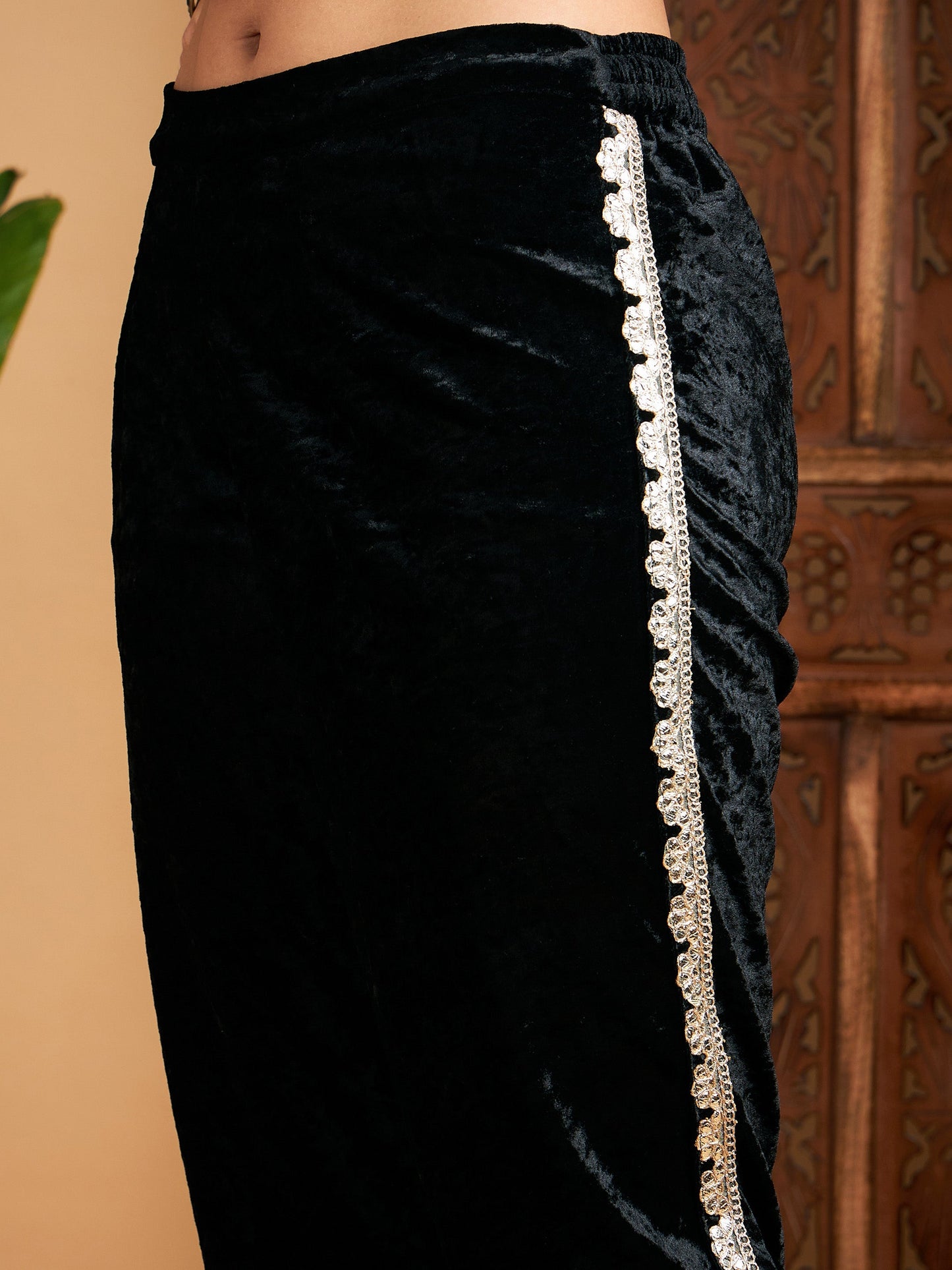 Black Velvet Gota Patti Embroidered Short Kurta With Dhoti Pants
