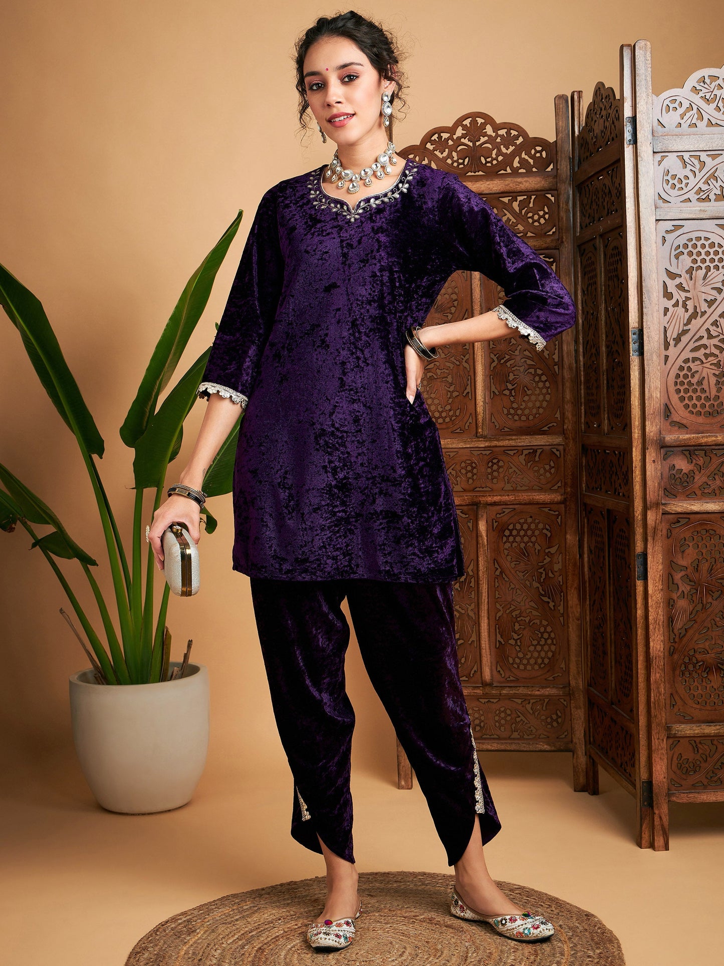 Purple Velvet Gota Patti Embroidered Short Kurta With Dhoti Pants