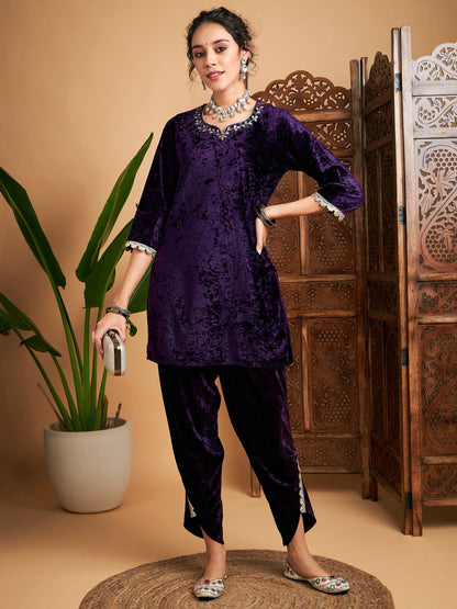 Purple Velvet Gota Patti Embroidered Short Kurta With Dhoti Pants