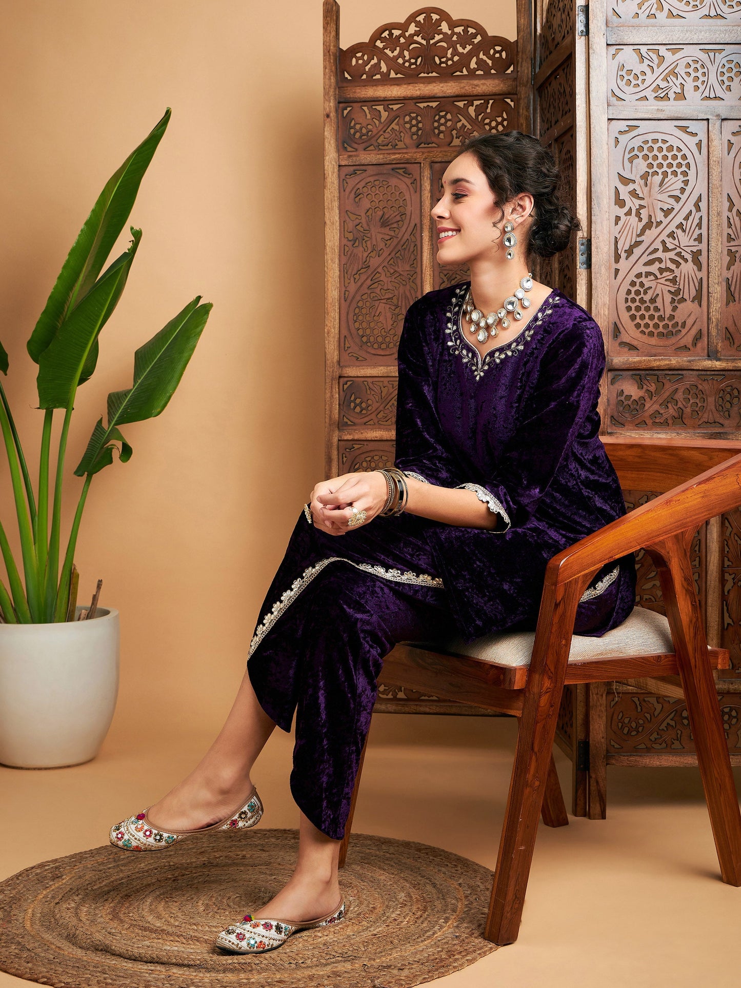 Purple Velvet Gota Patti Embroidered Short Kurta With Dhoti Pants