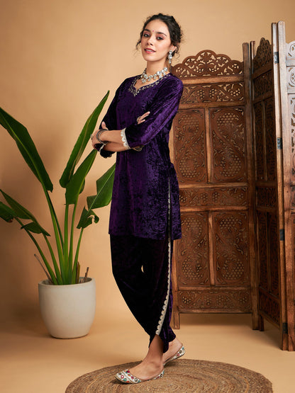 Purple Velvet Gota Patti Embroidered Short Kurta With Dhoti Pants
