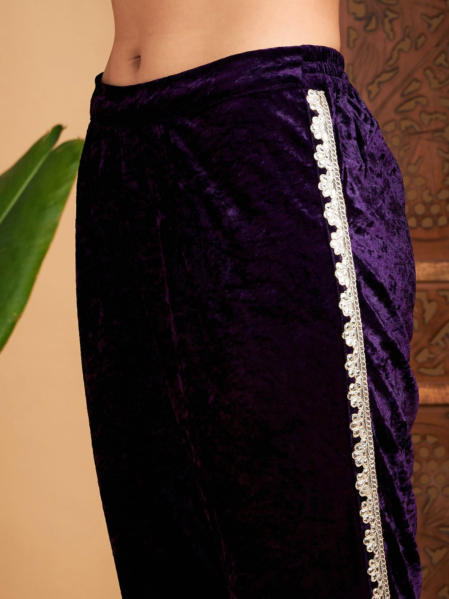 Purple Velvet Gota Patti Embroidered Short Kurta With Dhoti Pants