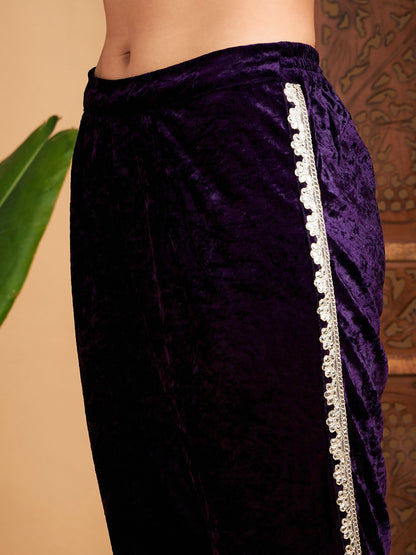 Purple Velvet Gota Patti Embroidered Short Kurta With Dhoti Pants