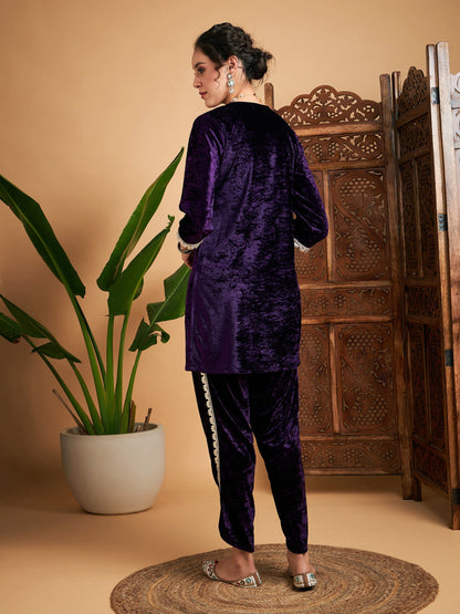 Purple Velvet Gota Patti Embroidered Short Kurta With Dhoti Pants