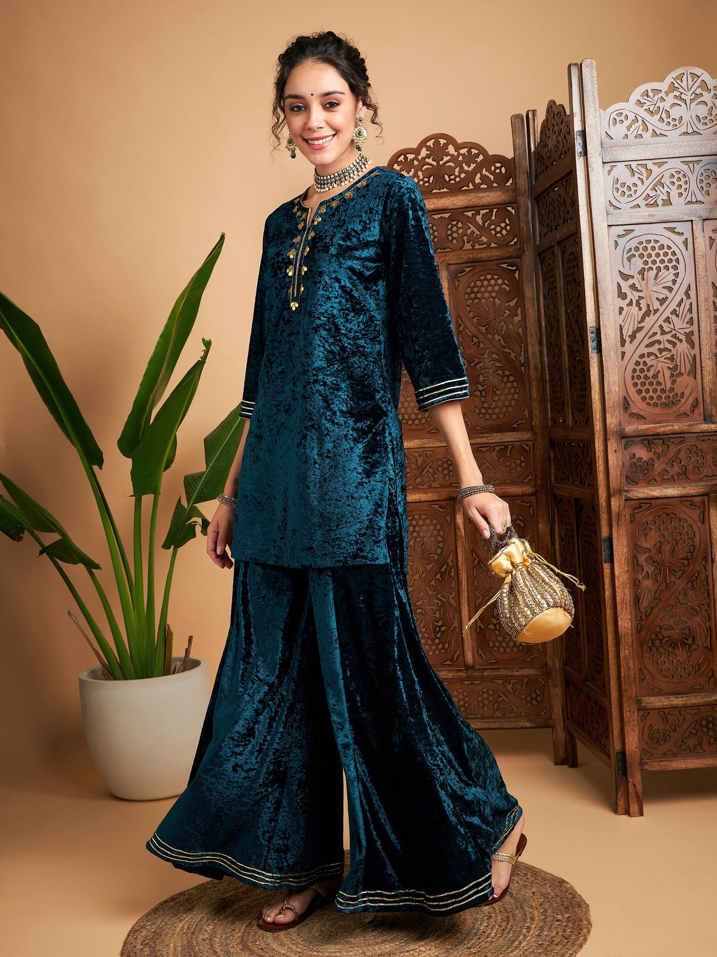 Teal Velvet Embroidered Short Kurta With Palazzos