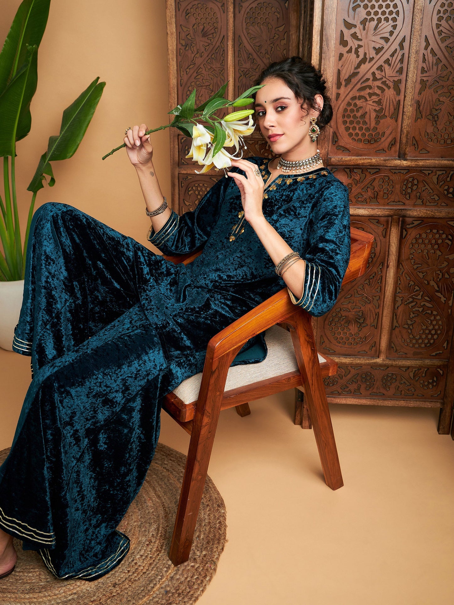 Teal Velvet Embroidered Short Kurta With Palazzos