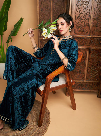 Teal Velvet Embroidered Short Kurta With Palazzos