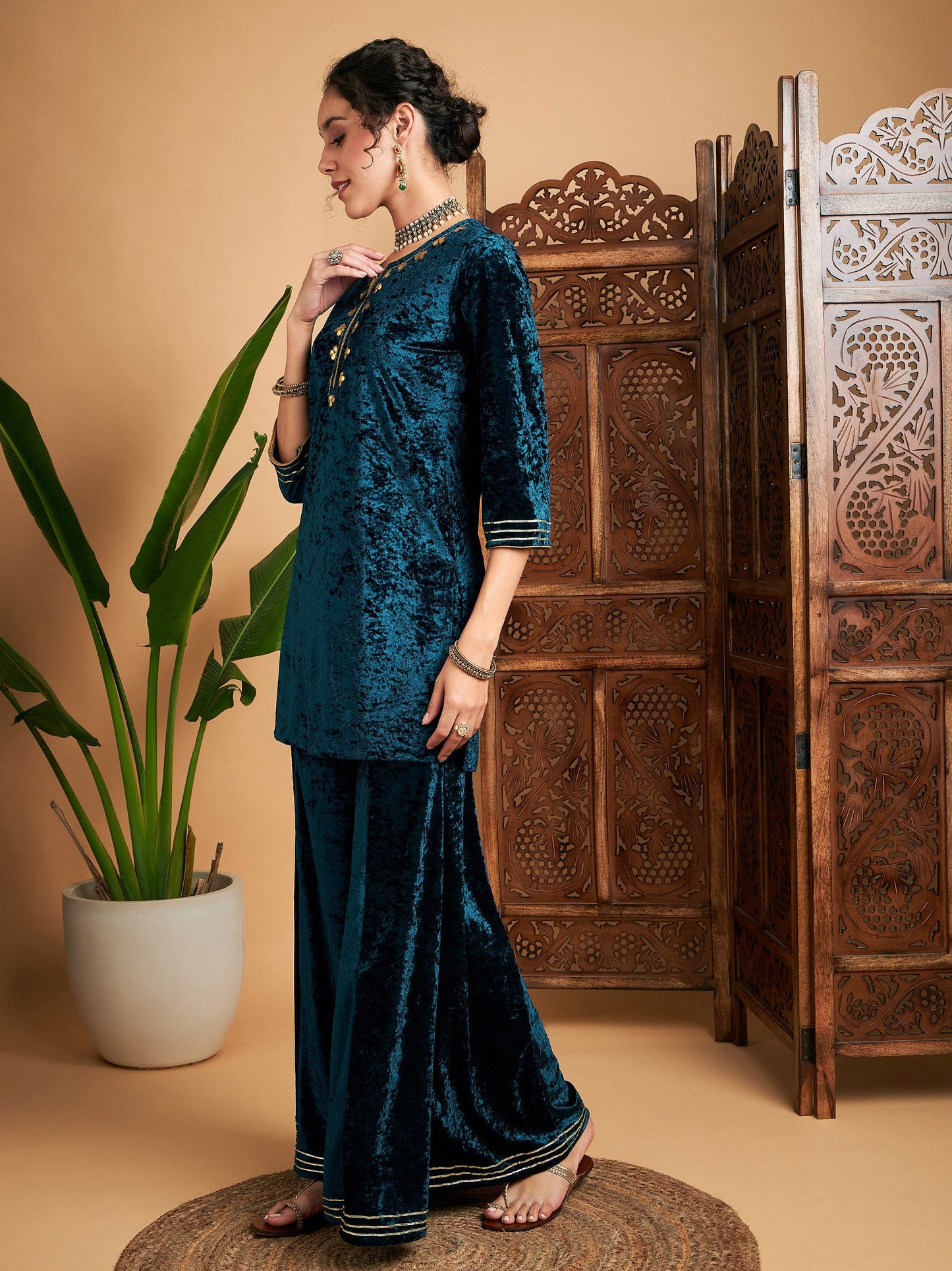 Teal Velvet Embroidered Short Kurta With Palazzos