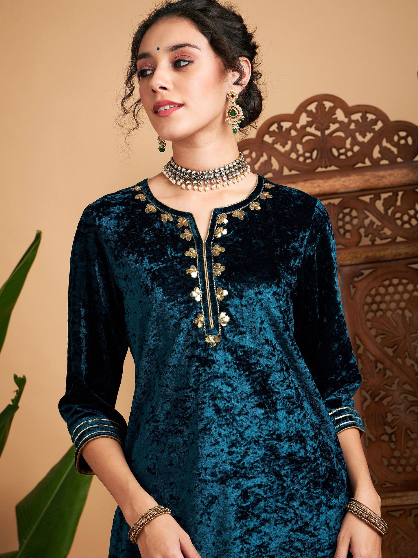 Teal Velvet Embroidered Short Kurta With Palazzos