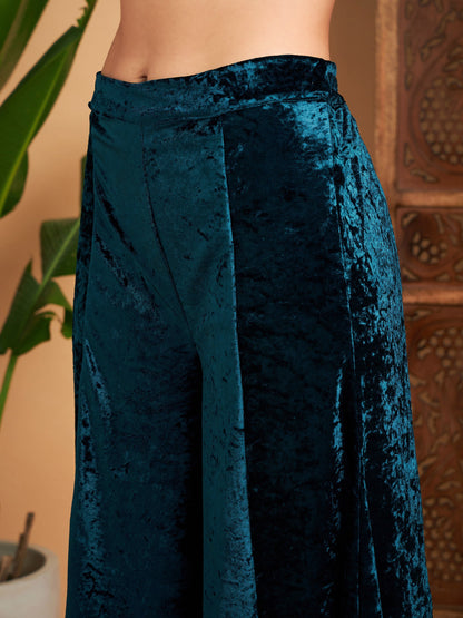 Teal Velvet Embroidered Short Kurta With Palazzos