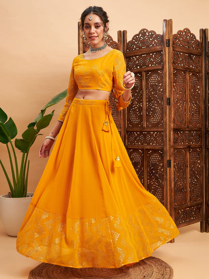 Mustard Mukaish Work Anarkali Skirt With Crop Top