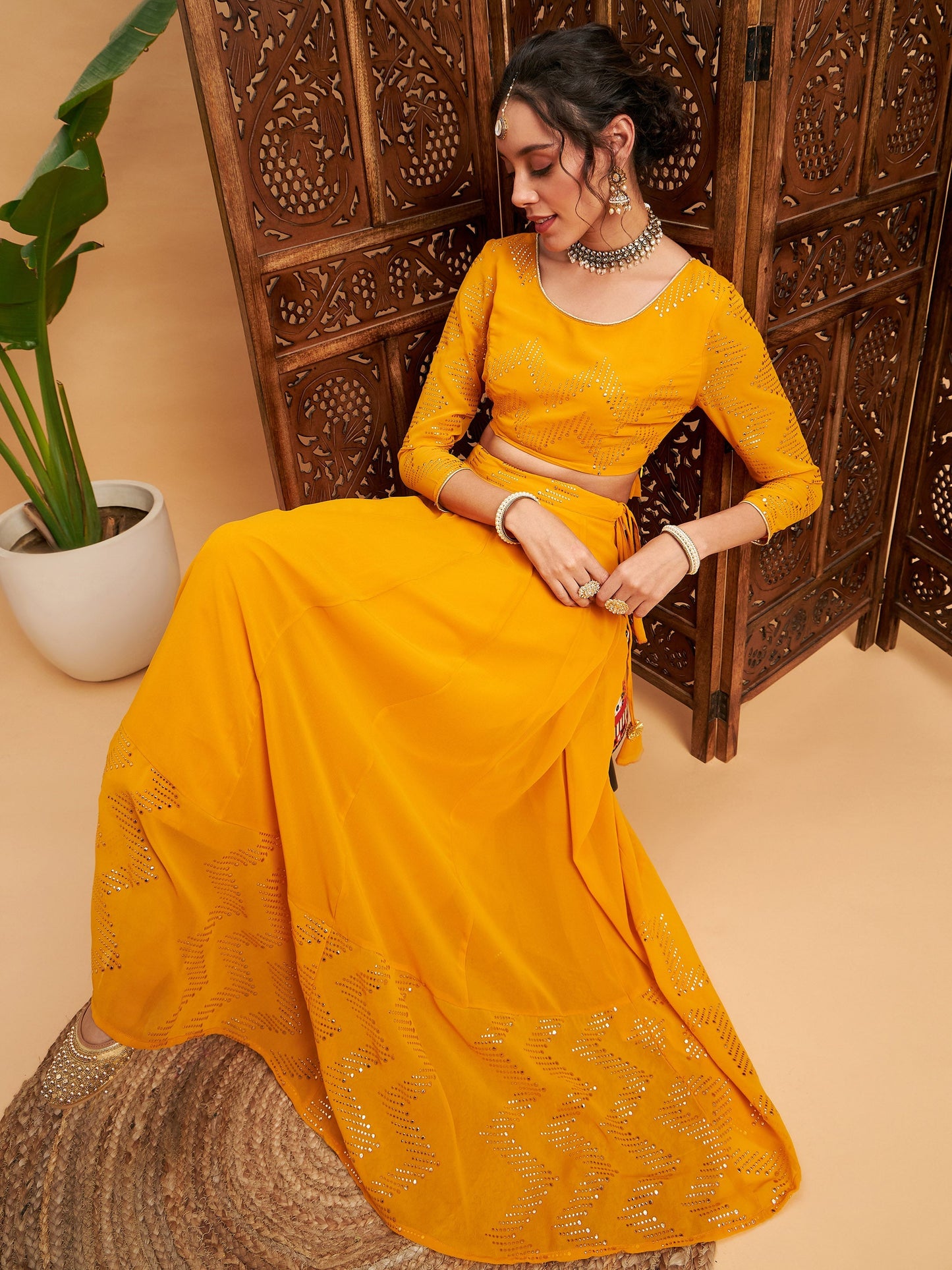 Mustard Mukaish Work Anarkali Skirt With Crop Top
