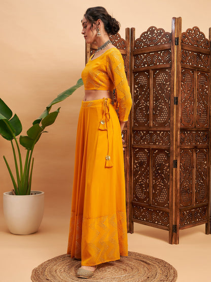 Mustard Mukaish Work Anarkali Skirt With Crop Top