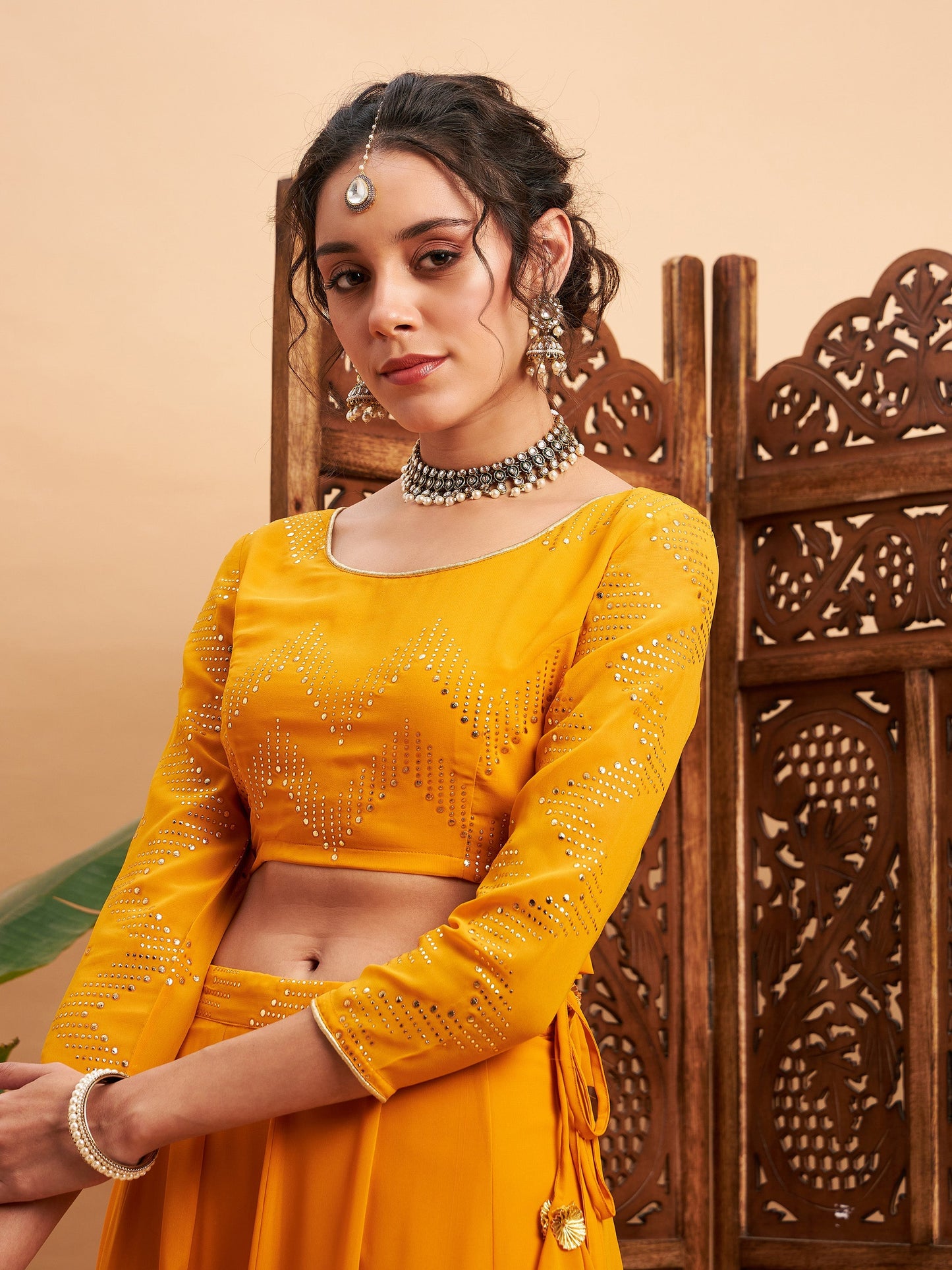 Mustard Mukaish Work Anarkali Skirt With Crop Top
