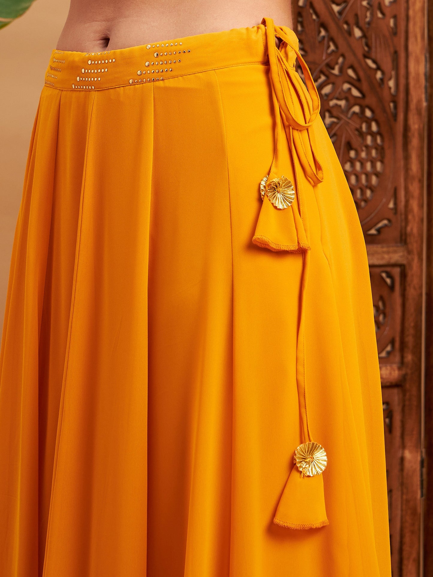 Mustard Mukaish Work Anarkali Skirt With Crop Top
