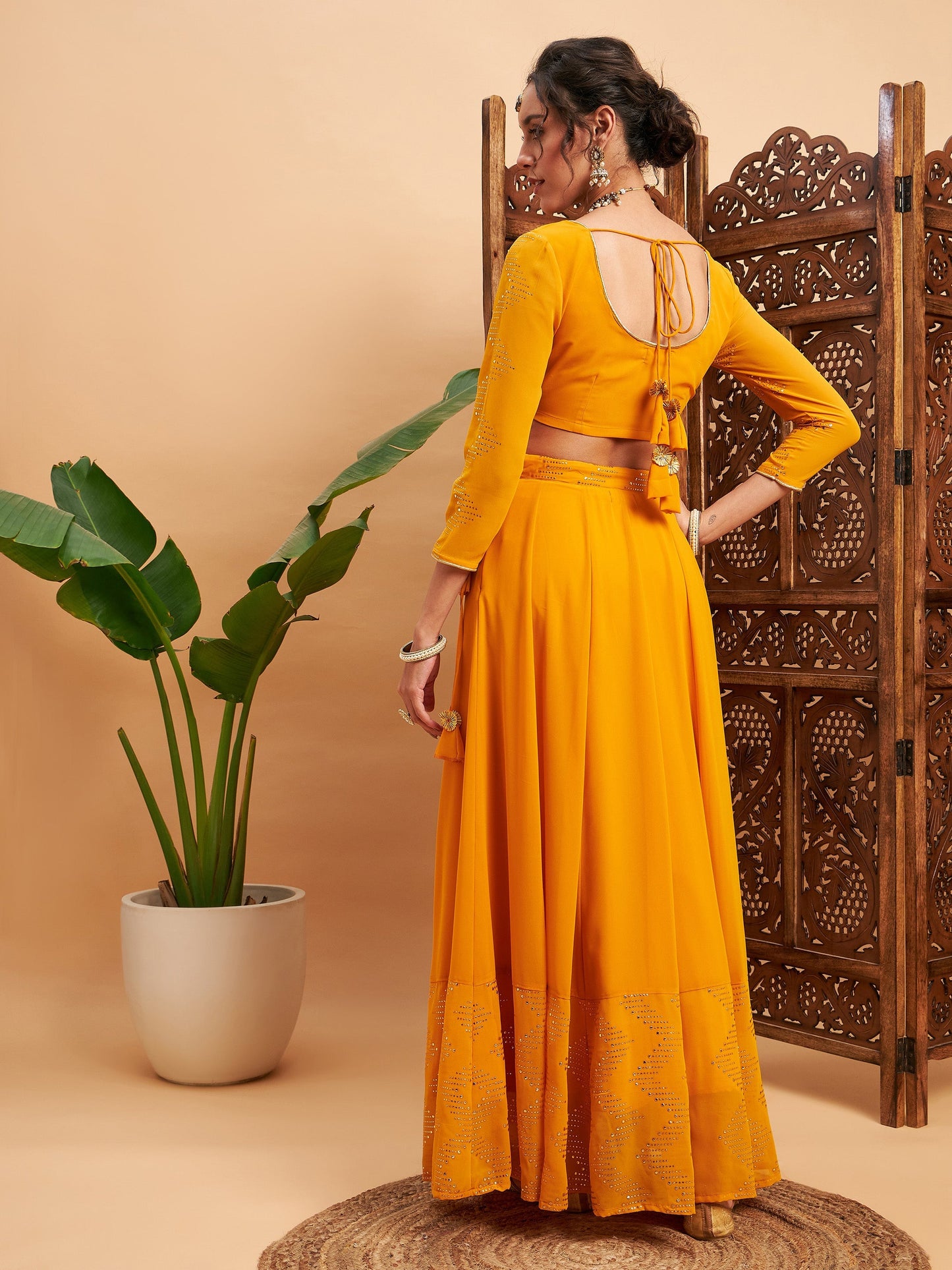 Mustard Mukaish Work Anarkali Skirt With Crop Top