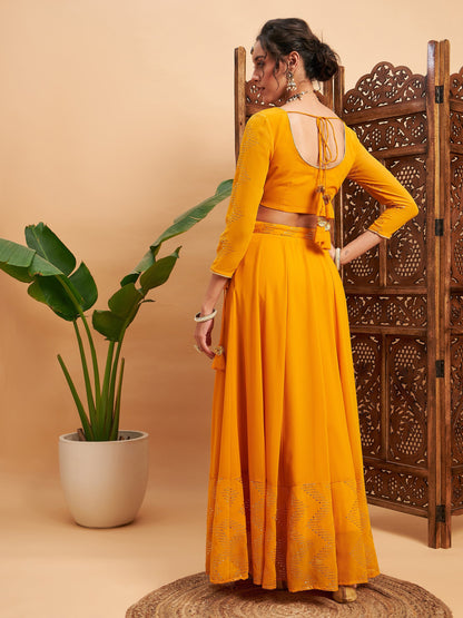 Mustard Mukaish Work Anarkali Skirt With Crop Top