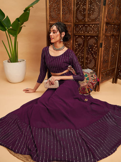 Burgundy Mukaish Work Anarkali Skirt With Crop Top