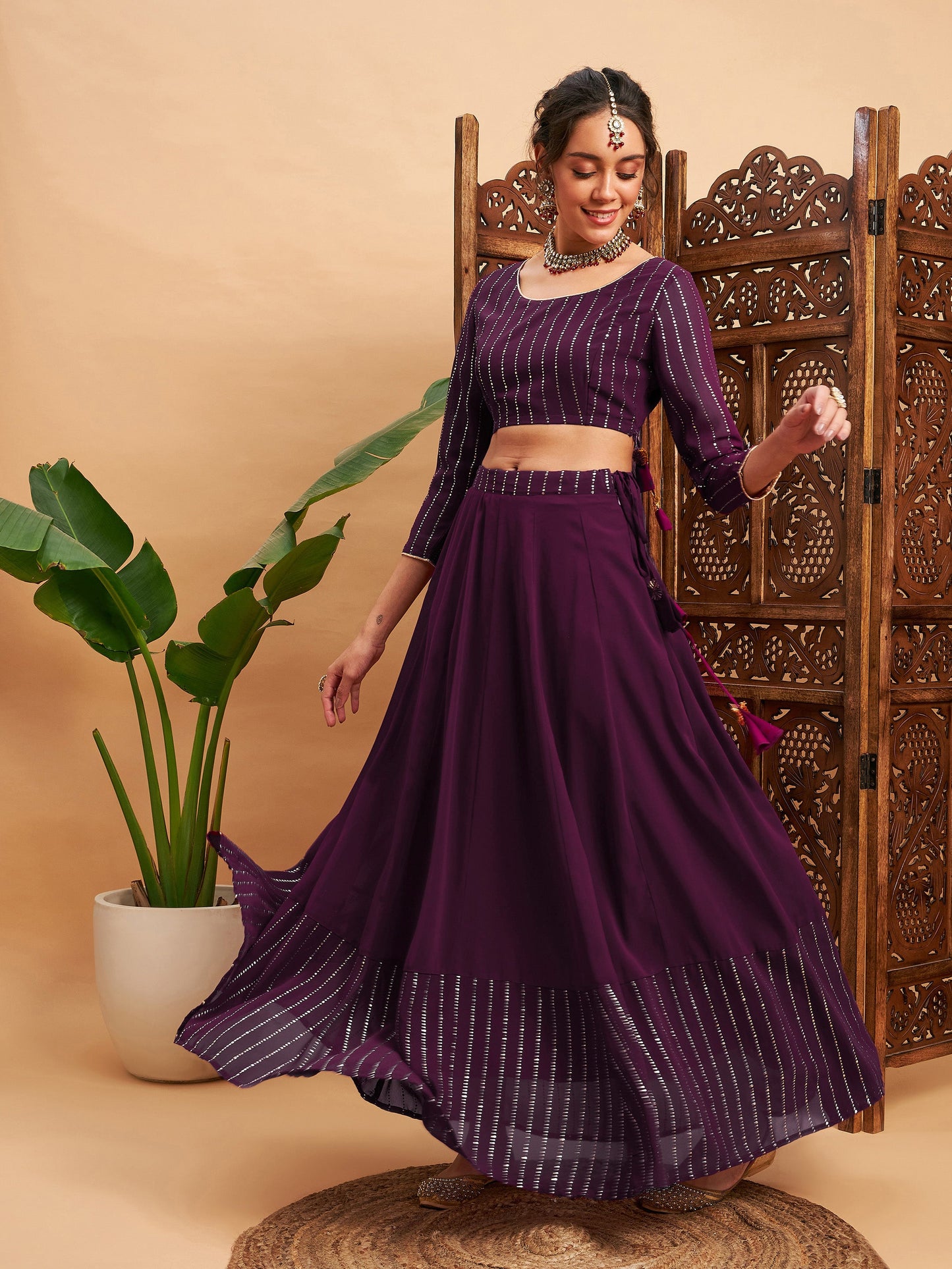 Burgundy Mukaish Work Anarkali Skirt With Crop Top